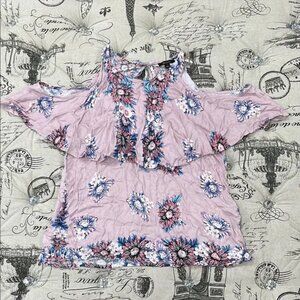 Ella Moss Pink Flutter Sleeve Blouse with Ruffled Bib Collar